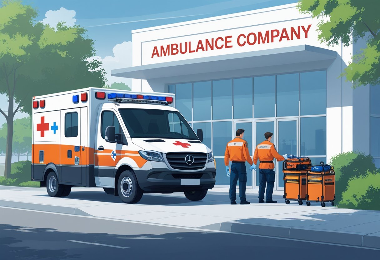 Ambulância estacionada em frente a um prédio de empresa de ambulância, com paramédicos preparando equipamentos médicos ao lado.