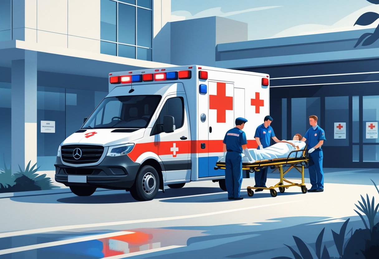 Ambulância com paramédicos atendendo paciente em maca próximo à entrada de um hospital.