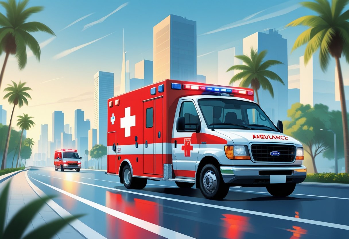 Ambulância em movimento em uma rua da cidade de São Paulo com prédios ao fundo, transmitindo um cenário de serviços de emergência.