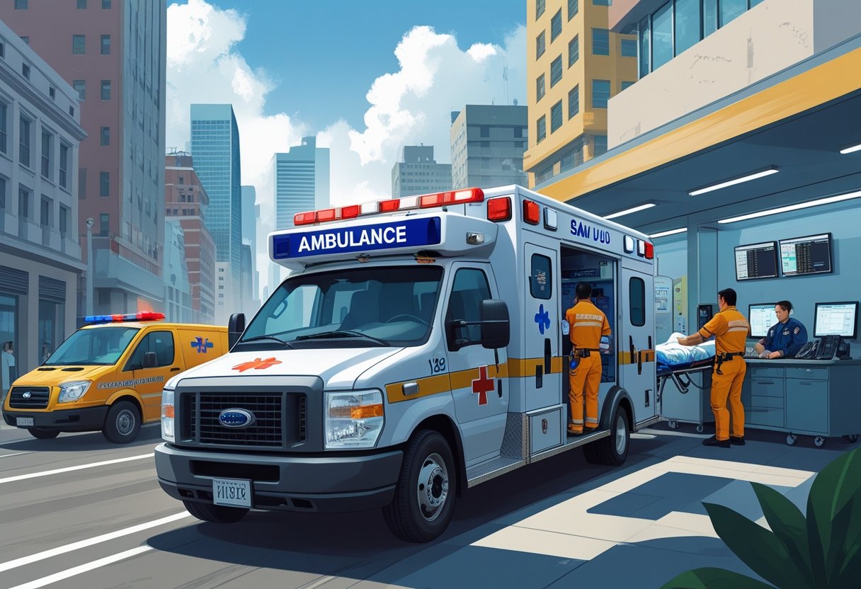 Ambulância do SAMU 192 em São Paulo com paramédicos atendendo um paciente, e um despachante coordenando o atendimento em um centro de comunicação.