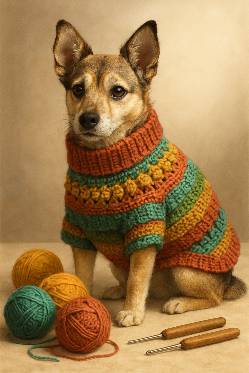 A dog wearing a colorful crochet sweater standing on a soft surface with yarn and crochet hooks nearby.