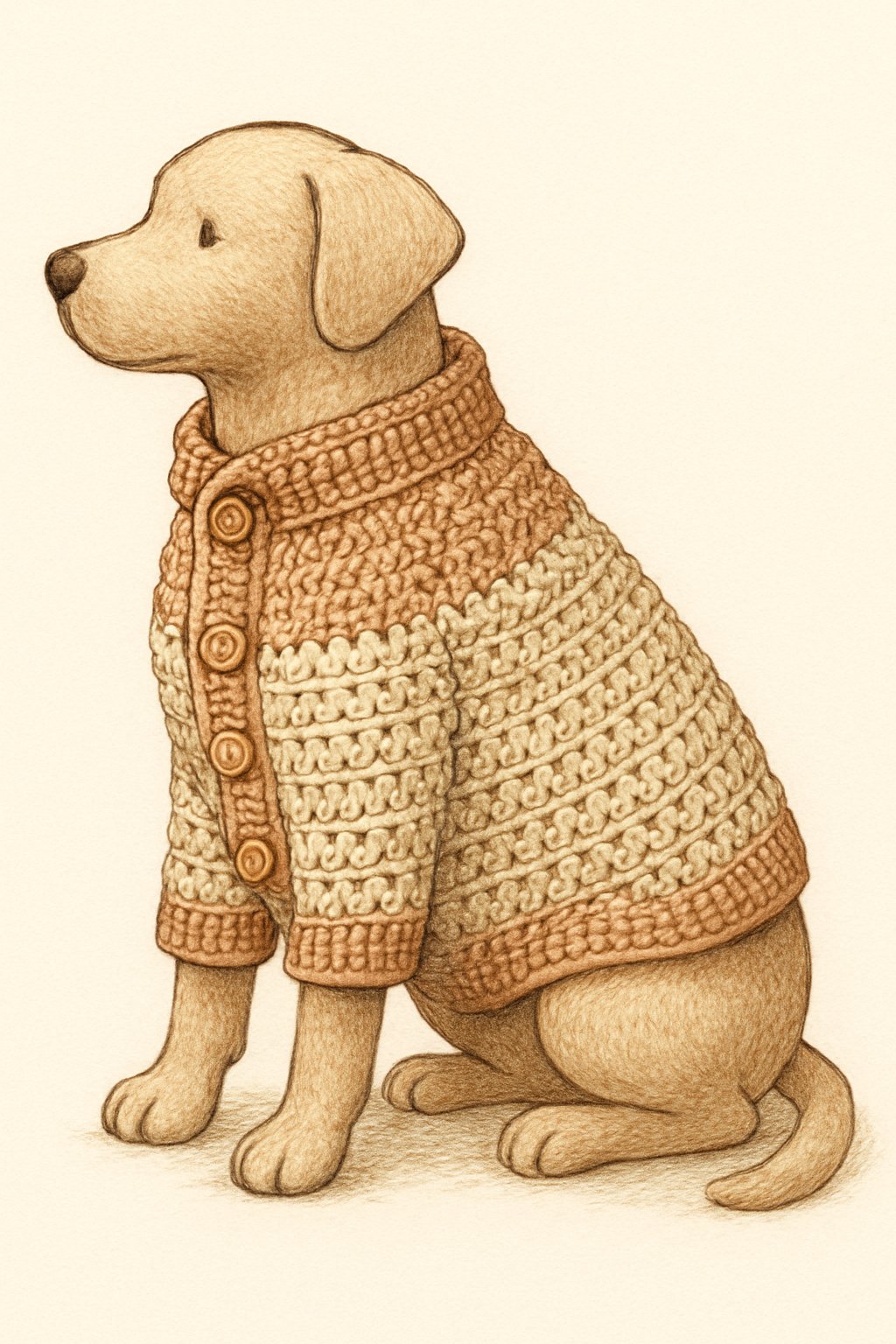 A button-up dog sweater displayed on a dog mannequin, showing detailed crochet stitching and buttons down the front.