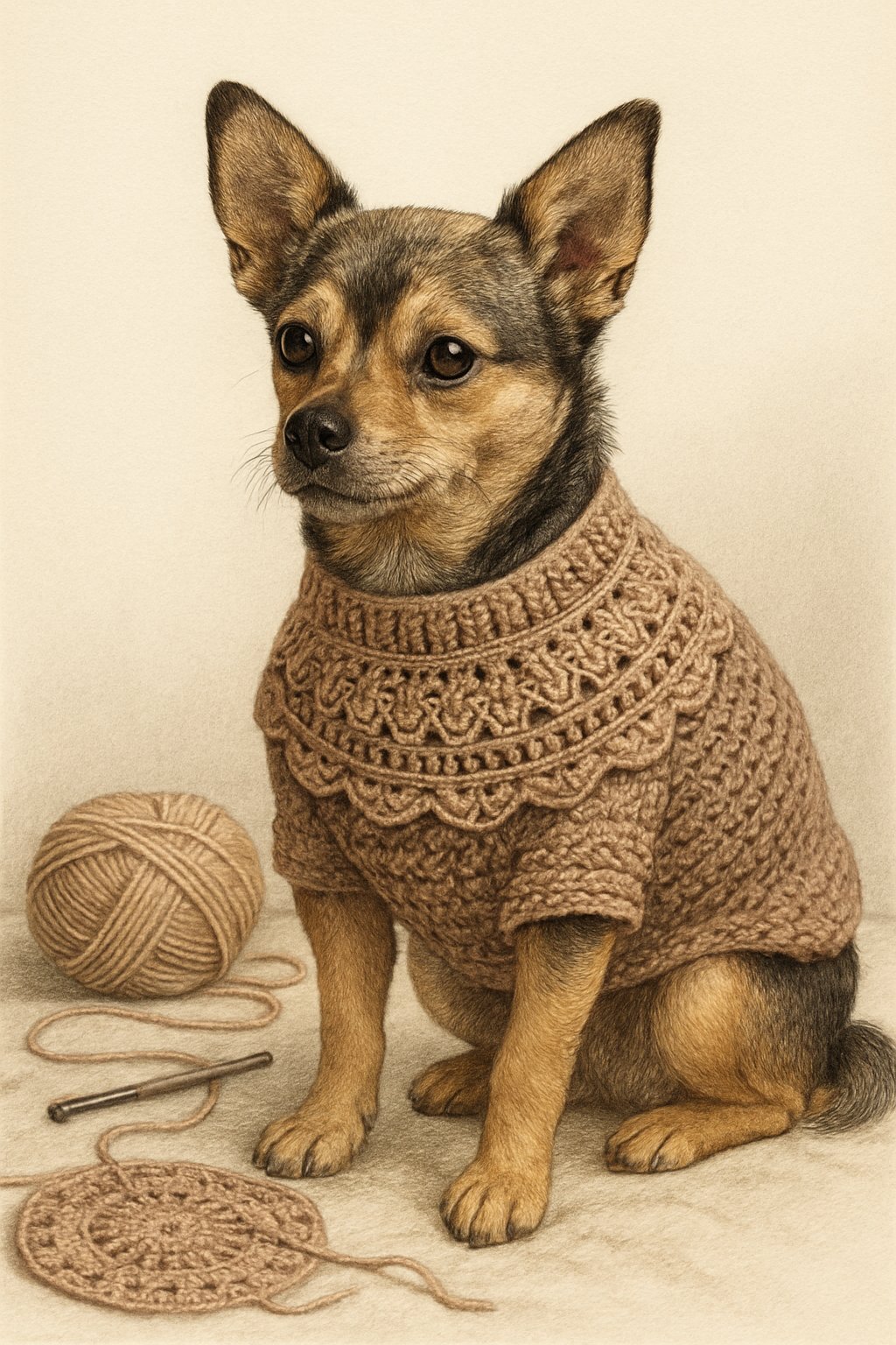 A small dog wearing a round yoke crochet sweater sitting calmly with crochet materials nearby.