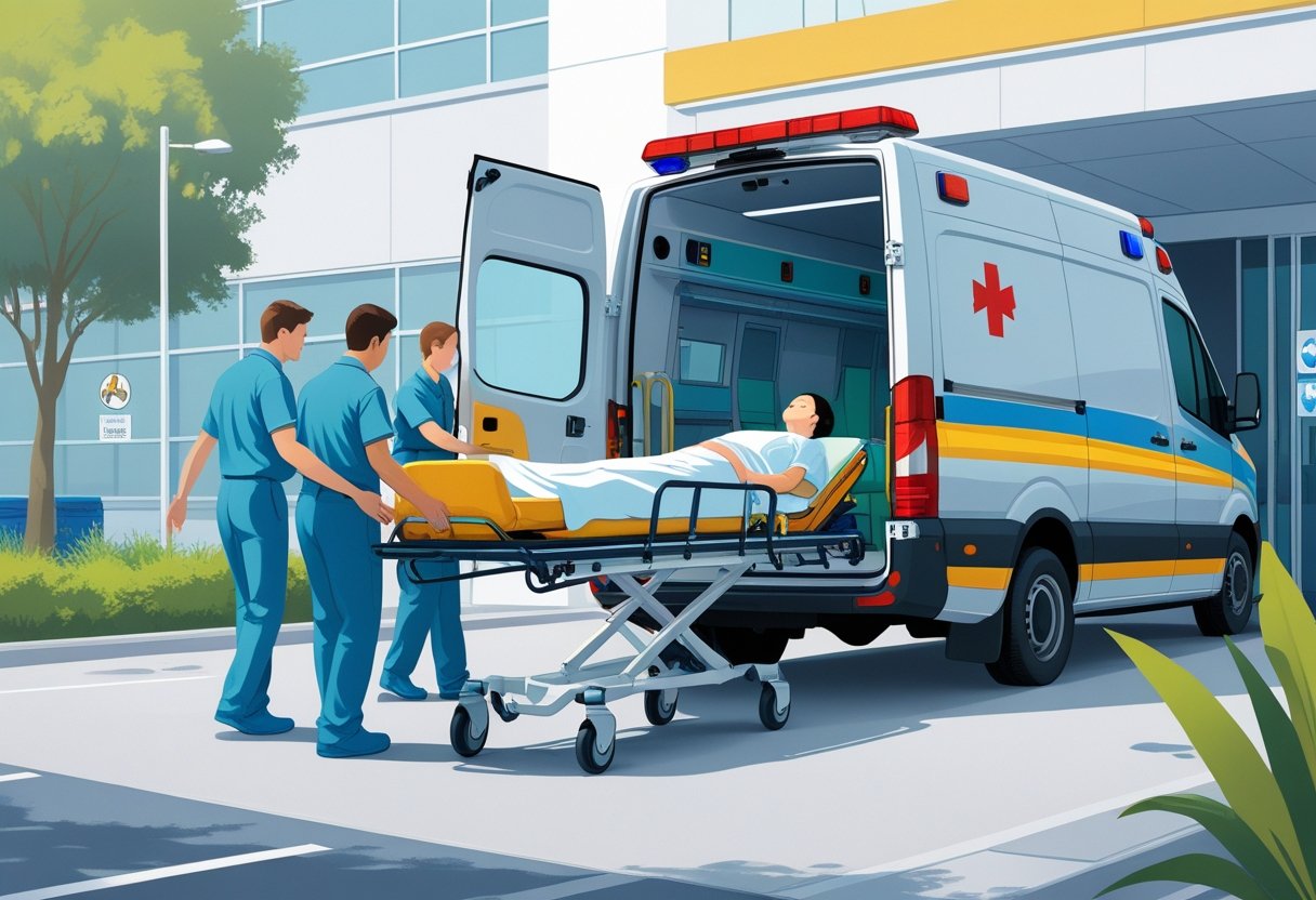 Ambulância estacionada em frente a um hospital com profissionais de saúde transferindo um paciente em uma maca para dentro da unidade.