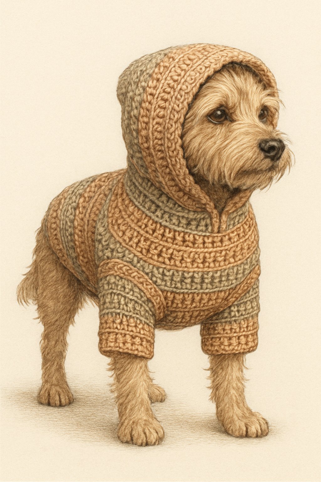 A dog wearing a cozy hooded crochet sweater standing on a plain background.