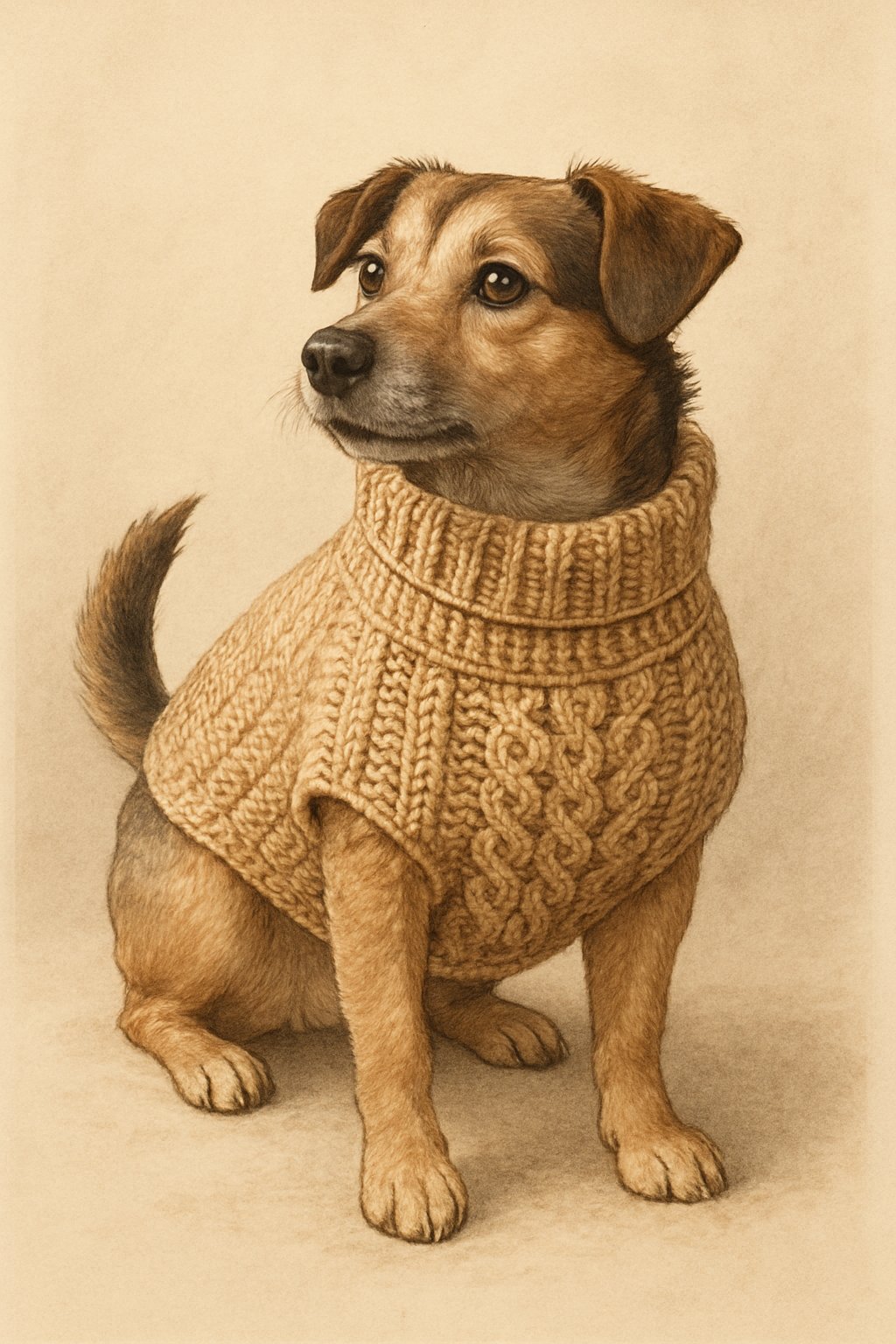 A small dog wearing a cozy cable stitch crochet sweater, standing calmly on a plain background.