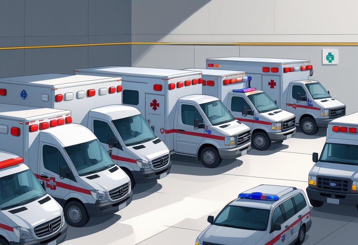 Vários tipos de ambulâncias usadas em remoções, mostrando diferentes modelos e equipamentos médicos.