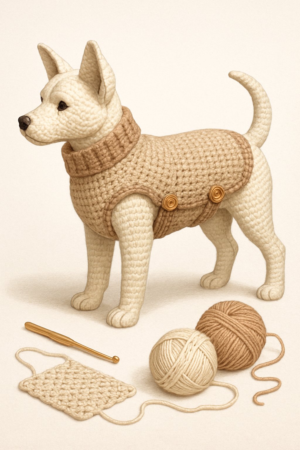 A dog mannequin wearing a size-adjustable crochet sweater with yarn and a crochet hook nearby.