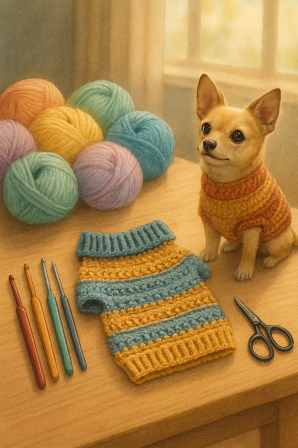 A table with colorful yarn, crochet hooks, a small dog sweater in progress, and a small dog wearing a crochet sweater.