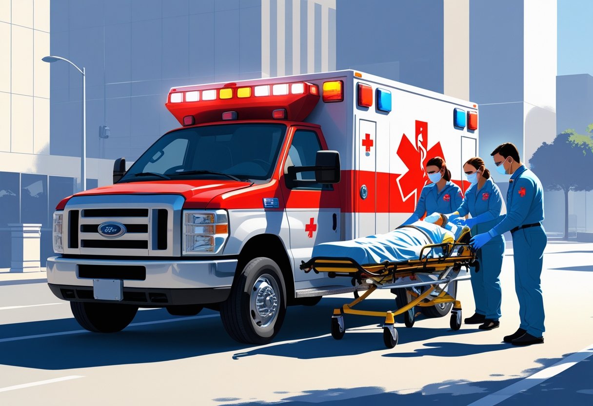 Uma ambulância estacionada com paramédicos atendendo um paciente em uma maca na rua de uma cidade.