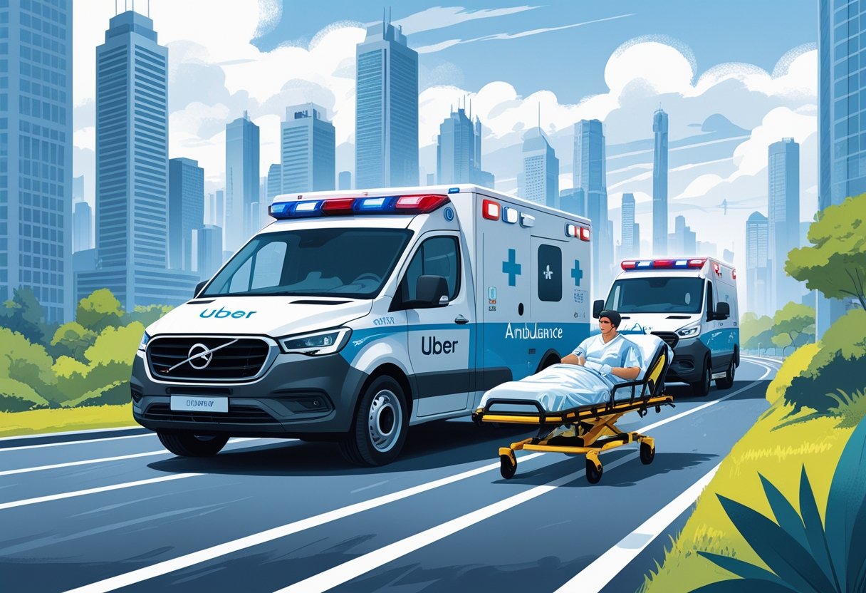Uma ambulância moderna com a marca Uber em uma cidade, paramédicos atendendo um paciente em uma maca, com um fundo que mostra a evolução dos serviços de emergência.