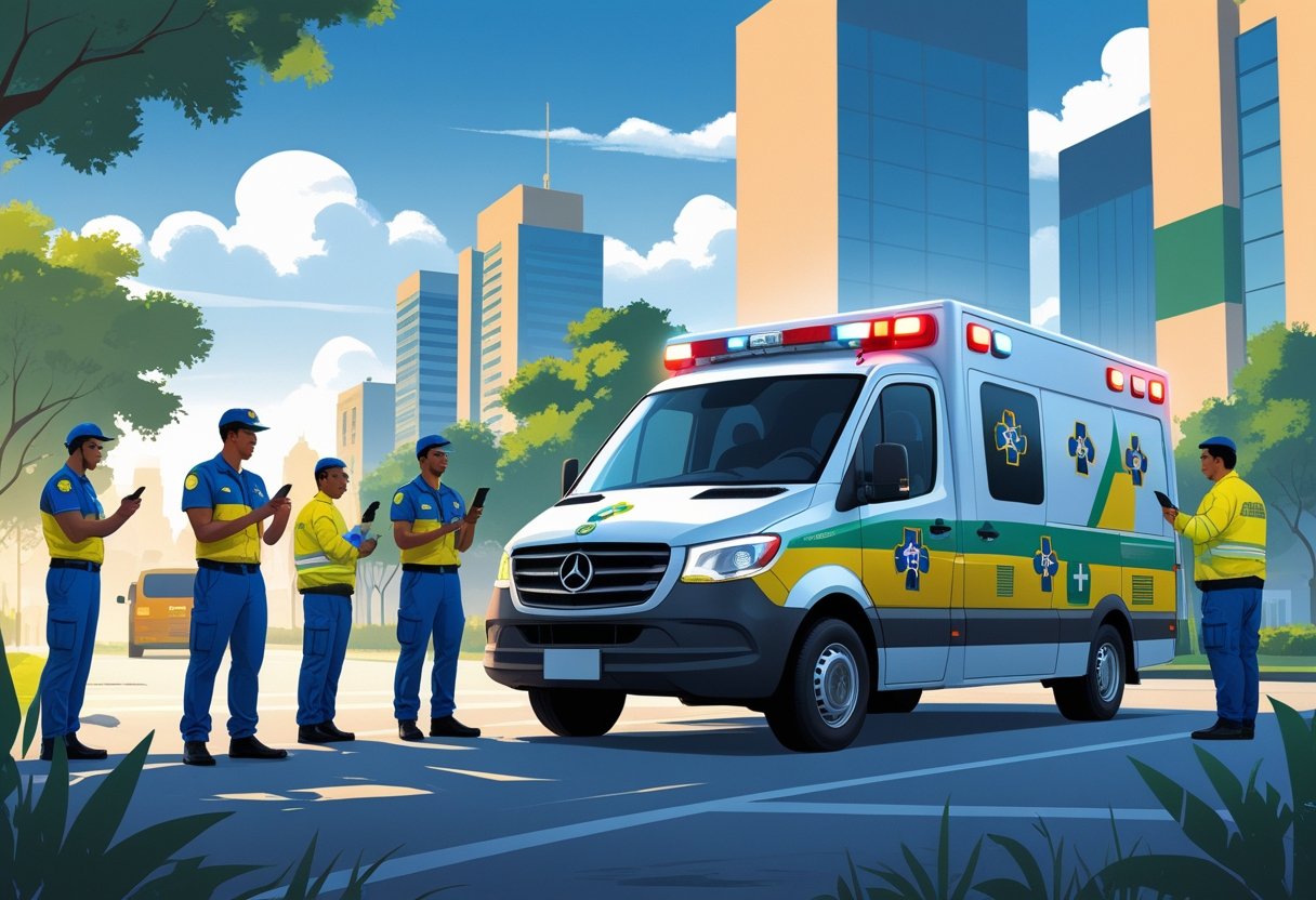 Cena de emergência com uma ambulância brasileira e paramédicos usando dispositivos de comunicação em uma cidade brasileira.