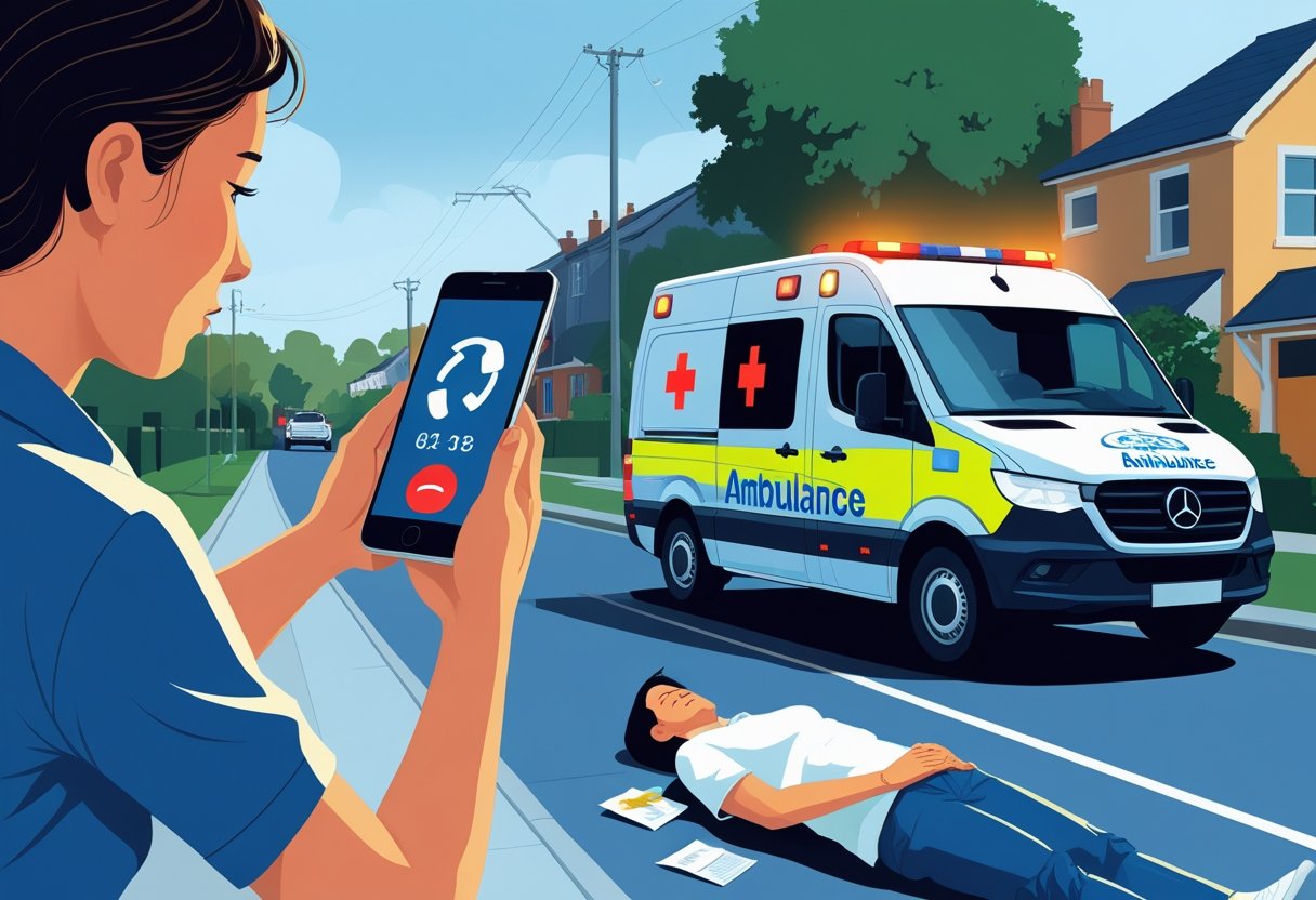 Pessoa segurando um celular para ligar para a ambulância enquanto uma ambulância com luzes acesas está pronta para sair em uma rua residencial.