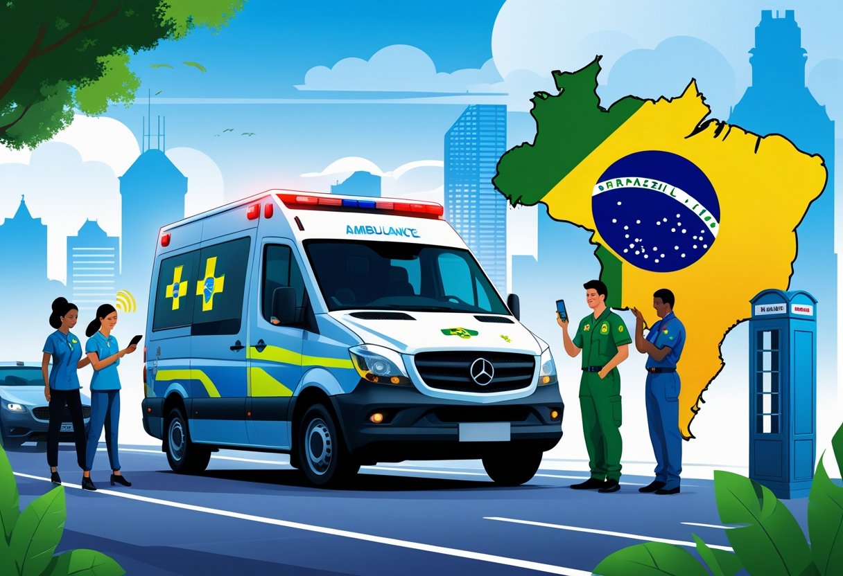 Ambulância parada em uma rua da cidade com um paramédico e pessoas usando telefones para chamadas de emergência.