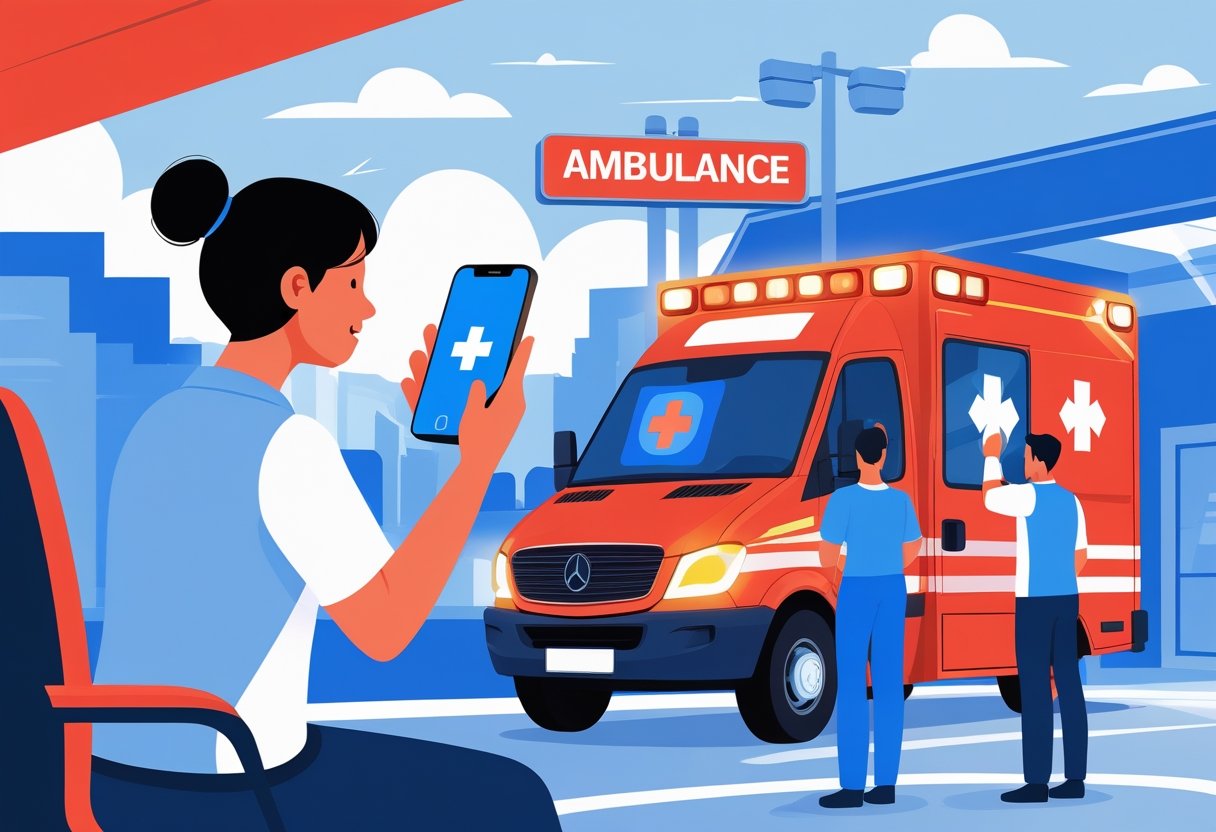Pessoa fazendo uma chamada telefônica para uma ambulância, com uma ambulância e paramédicos ao fundo prontos para atender.