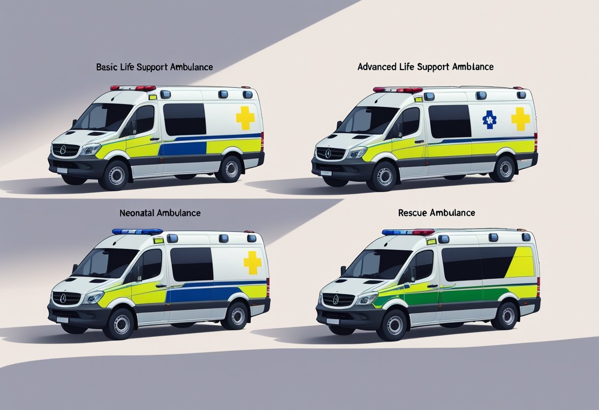 Quatro tipos diferentes de ambulâncias brasileiras alinhadas lado a lado, mostrando variações no design e equipamentos.