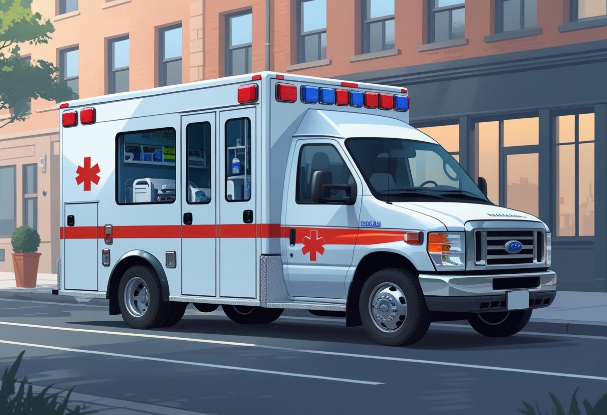 Ilustração de uma ambulância Tipo A de transporte estacionada em uma rua da cidade, mostrando detalhes do veículo e equipamentos médicos.