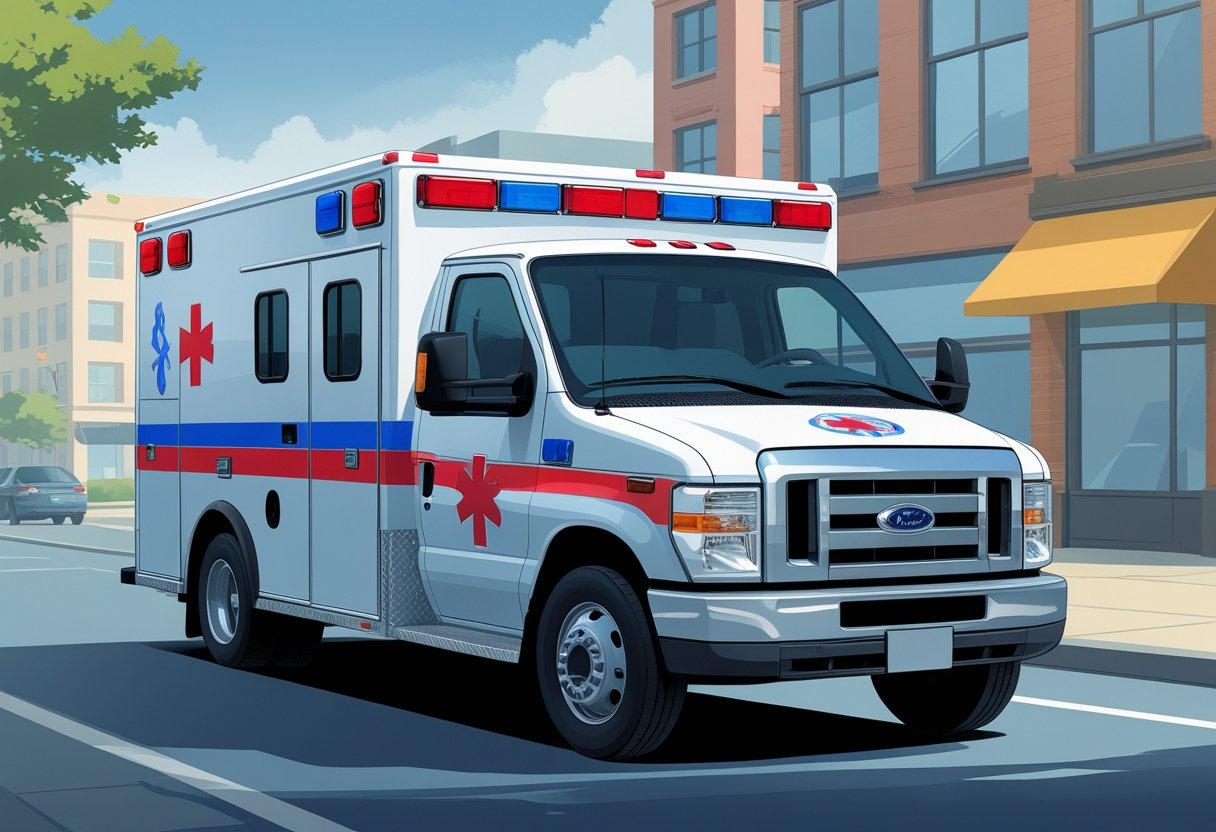 Uma ambulância tipo A branca com marcas vermelhas e azuis estacionada em uma rua da cidade, com prédios ao fundo.