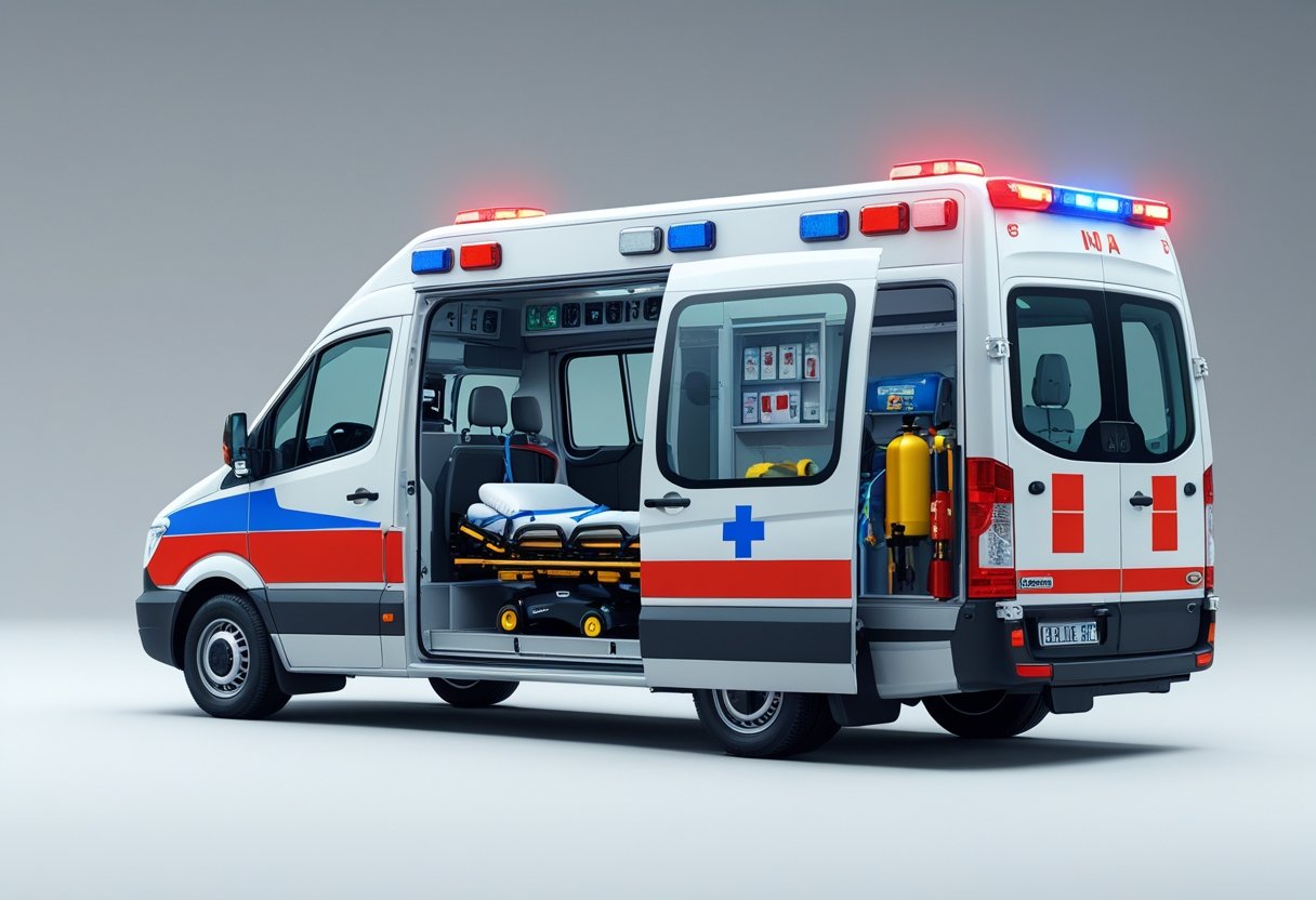 Ilustração detalhada de uma ambulância tipo A mostrando sua estrutura interna e equipamentos médicos.
