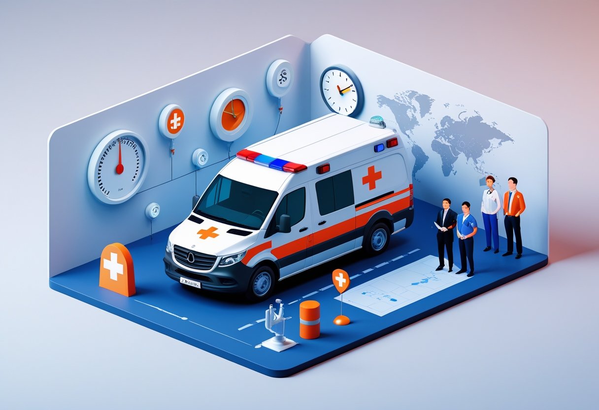 Uma ambulância particular cercada por ícones que representam fatores que influenciam seu preço, como equipamentos médicos, combustível, tempo de resposta, distância e qualidade do serviço.