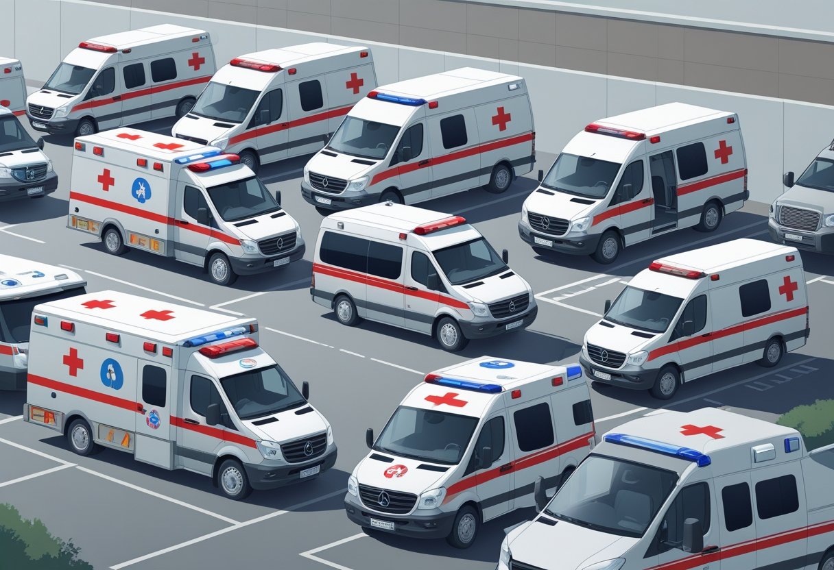 Vários tipos de ambulâncias particulares alinhadas, cada uma com equipamentos diferentes que indicam suas finalidades específicas, em um ambiente hospitalar.