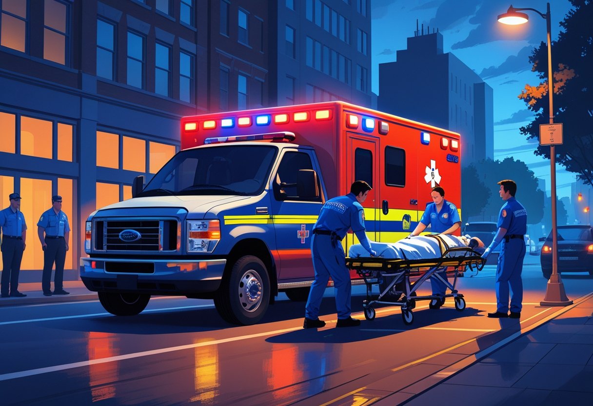 Cena de uma ambulância de emergência com paramédicos atendendo um paciente em uma maca na rua da cidade ao entardecer.