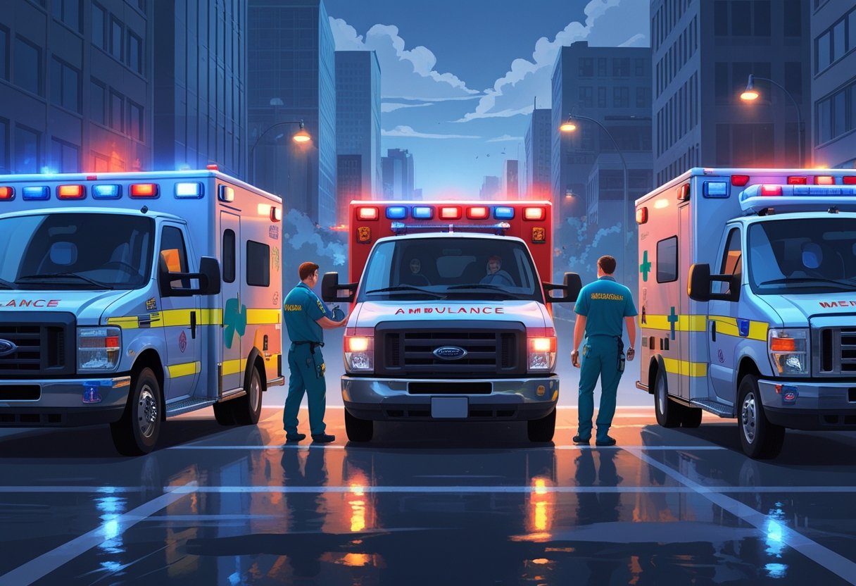 Vários tipos de ambulâncias em uma cena de emergência, mostrando diferentes equipamentos e paramédicos atendendo pacientes.