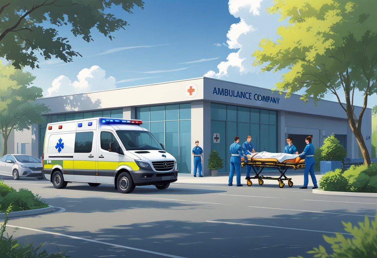 Ambulância estacionada em frente a um prédio de empresa de ambulância, com paramédicos cuidando de um paciente em uma maca.