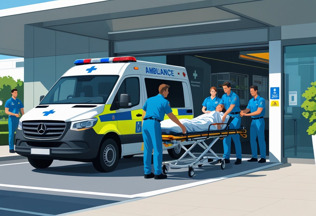 Ambulância estacionada em frente a um hospital com paramédicos ajudando um paciente em uma maca.