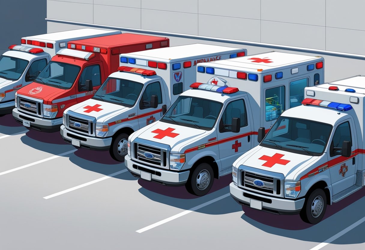 Vários tipos de ambulâncias alinhadas, mostrando diferentes veículos usados em serviços médicos de emergência.