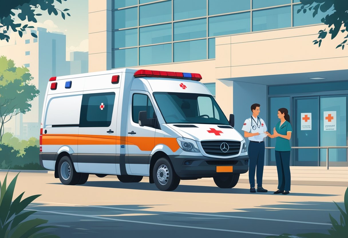Ambulância estacionada em frente a um hospital, com um profissional de saúde conversando com um paciente e seu familiar.