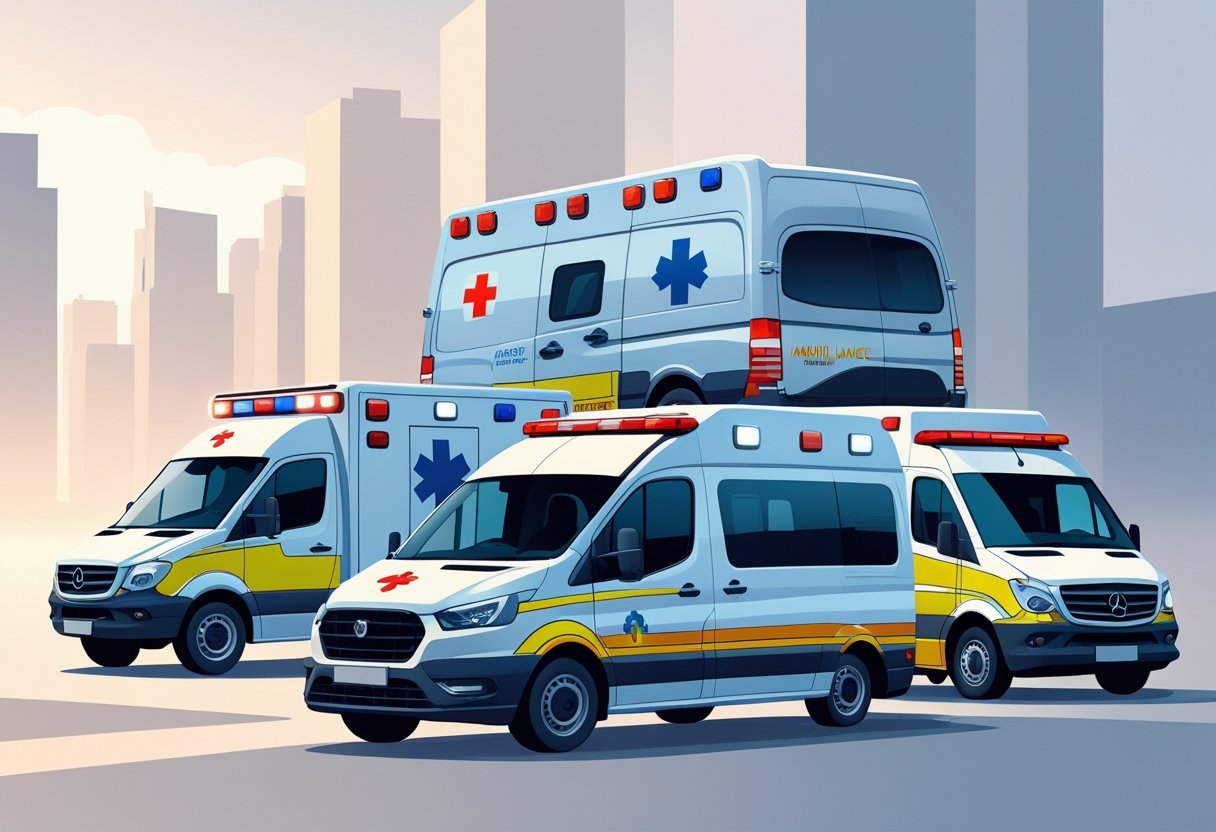 Vários tipos de ambulâncias alinhadas lado a lado, mostrando diferentes modelos disponíveis para aluguel em um ambiente urbano.