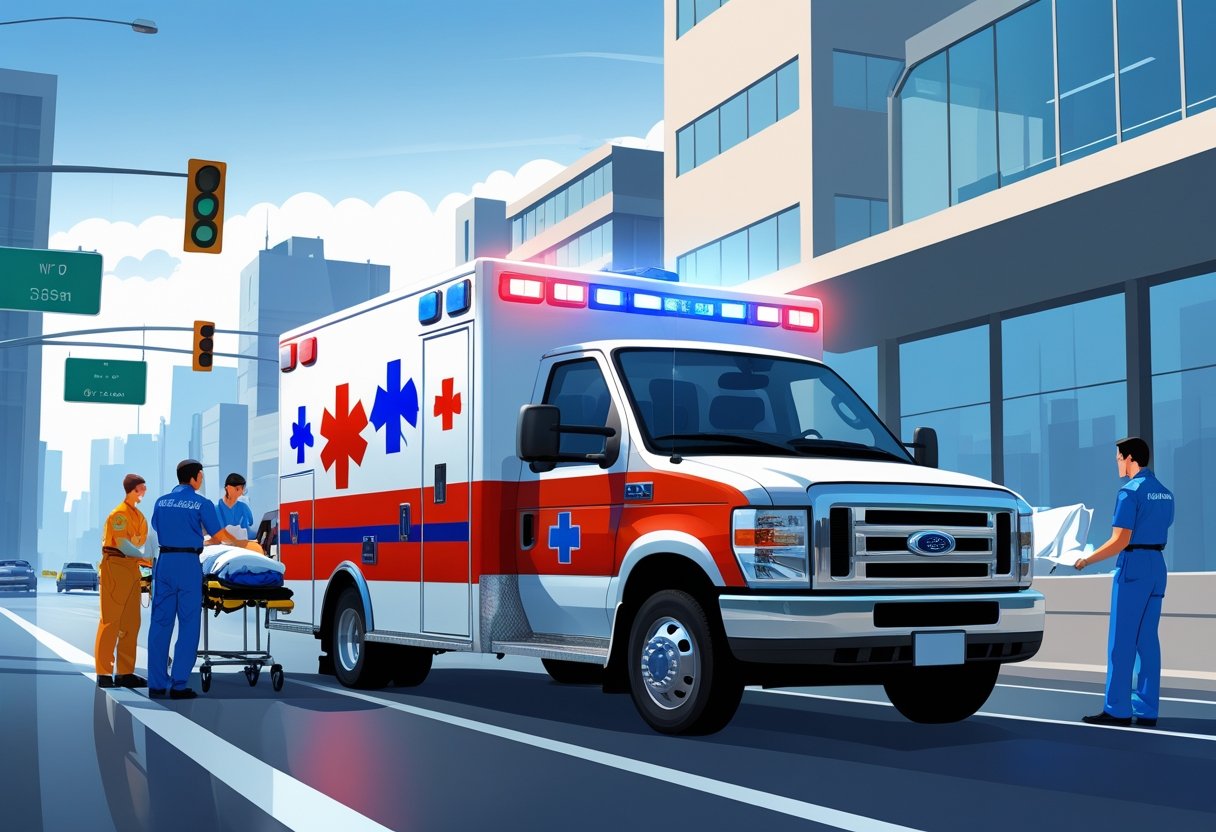 Uma ambulância de emergência com luzes piscando em uma rua da cidade, com paramédicos ao lado atendendo um paciente em uma maca.