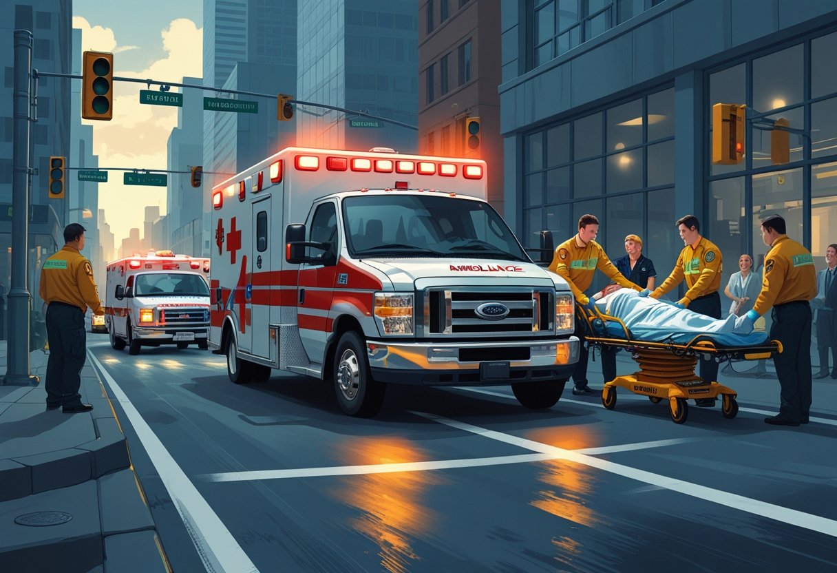 Ambulância de emergência com paramédicos atendendo um paciente em uma rua movimentada da cidade.