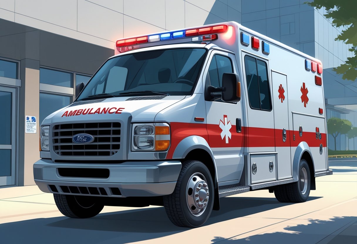 Um carro de ambulância estacionado em uma rua urbana, com luzes de emergência no teto e símbolos médicos visíveis nas laterais.