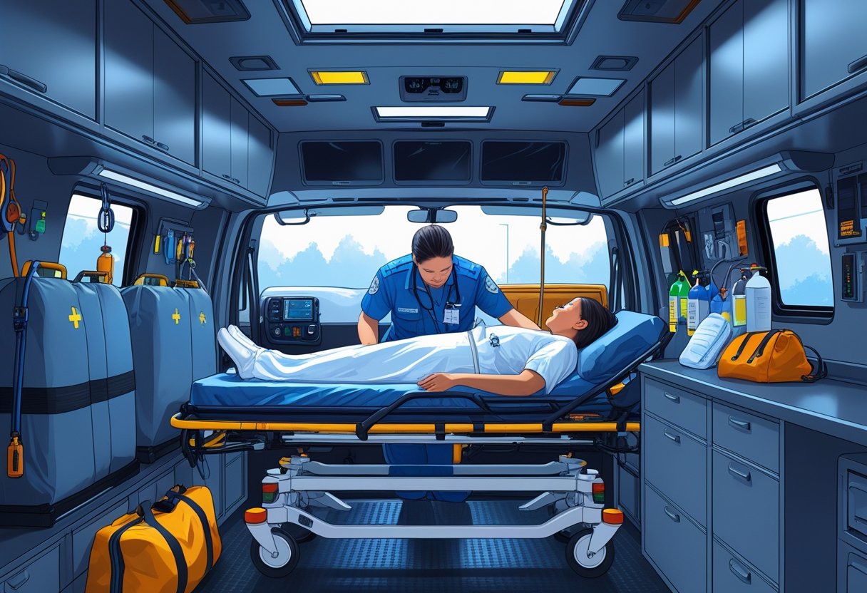 Interior de uma ambulância com um paramédico cuidando de um paciente em uma maca, cercados por equipamentos médicos.
