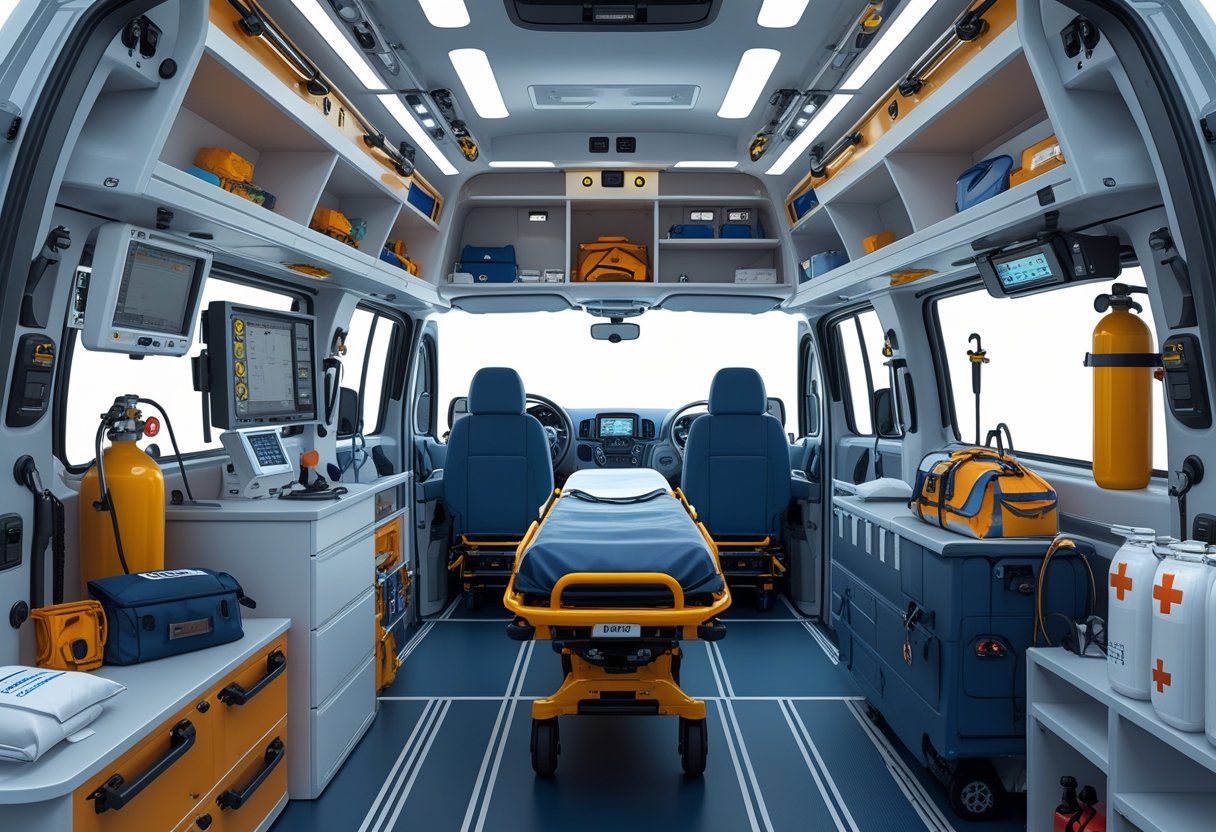 Vista interna detalhada do layout e estrutura física de uma ambulância, mostrando equipamentos médicos, maca, assentos e compartimentos organizados.