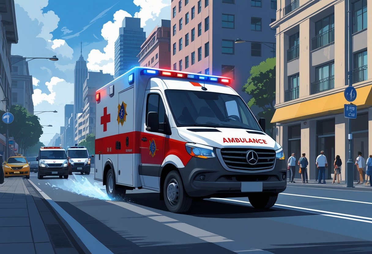 Uma ambulância vermelha e branca com luzes piscando dirigindo por uma rua movimentada de São Paulo, com prédios altos e pessoas ao redor.