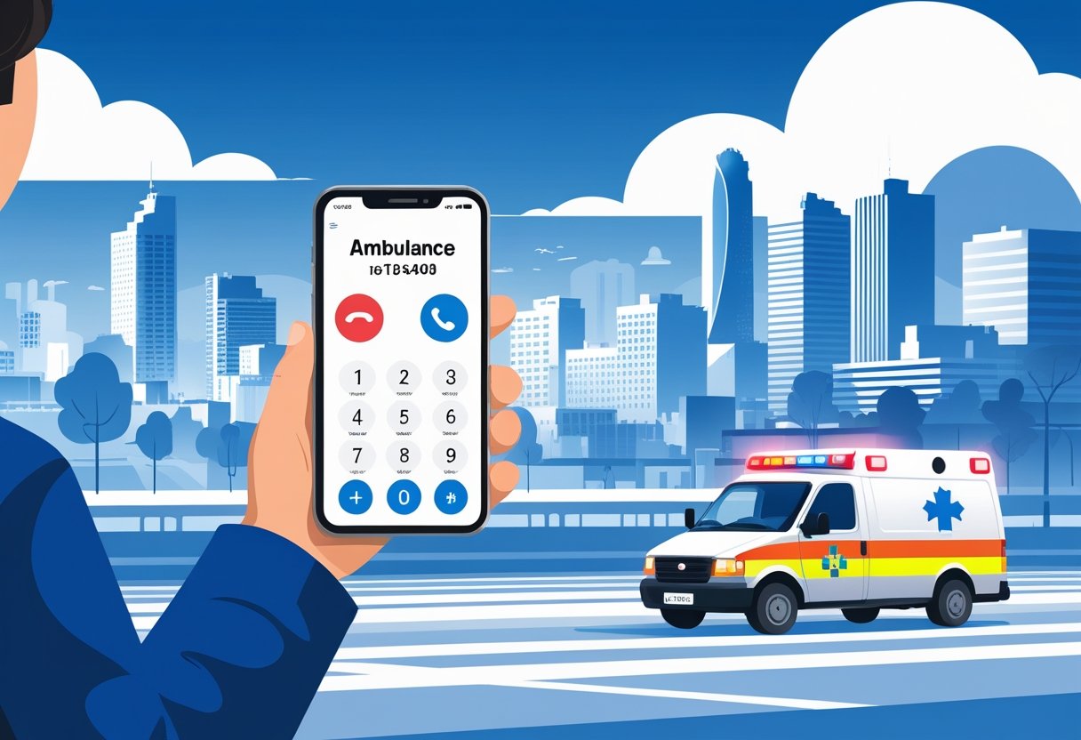 Pessoa segurando um smartphone fazendo uma chamada de emergência com uma ambulância e a paisagem urbana de São Paulo ao fundo.