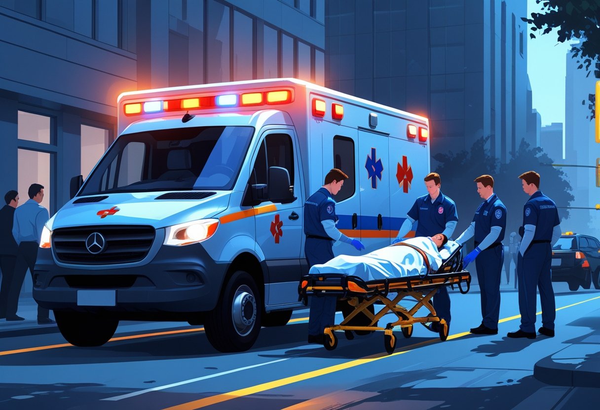 Uma ambulância moderna com luzes piscando em uma rua da cidade, paramédicos atendendo um paciente em uma maca próximo à entrada de um hospital.