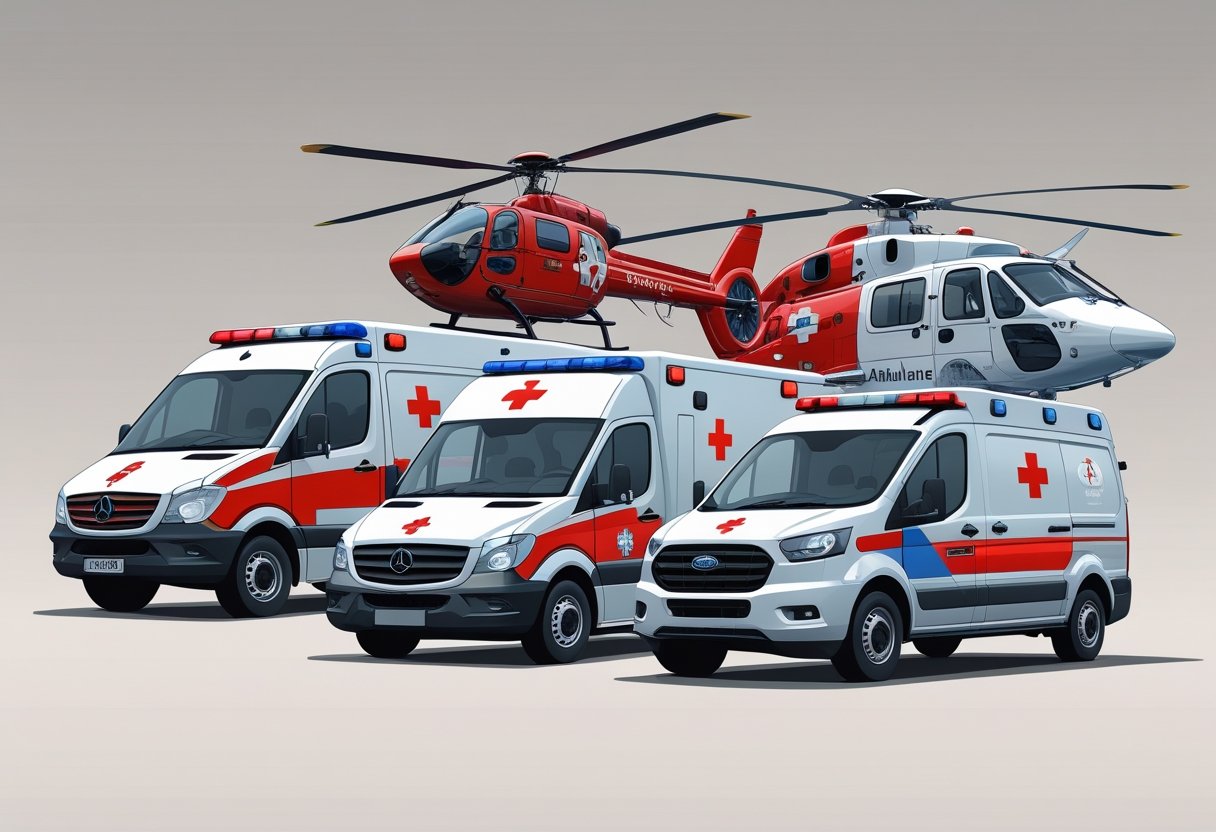 Ilustração mostrando os principais tipos de ambulância, incluindo ambulância tradicional, avançada, veículo de resposta rápida e helicóptero de ambulância aérea.