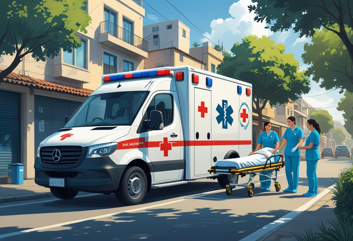 Uma ambulância particular estacionada em uma rua urbana da Zona Leste com profissionais de saúde atendendo um paciente em uma maca.