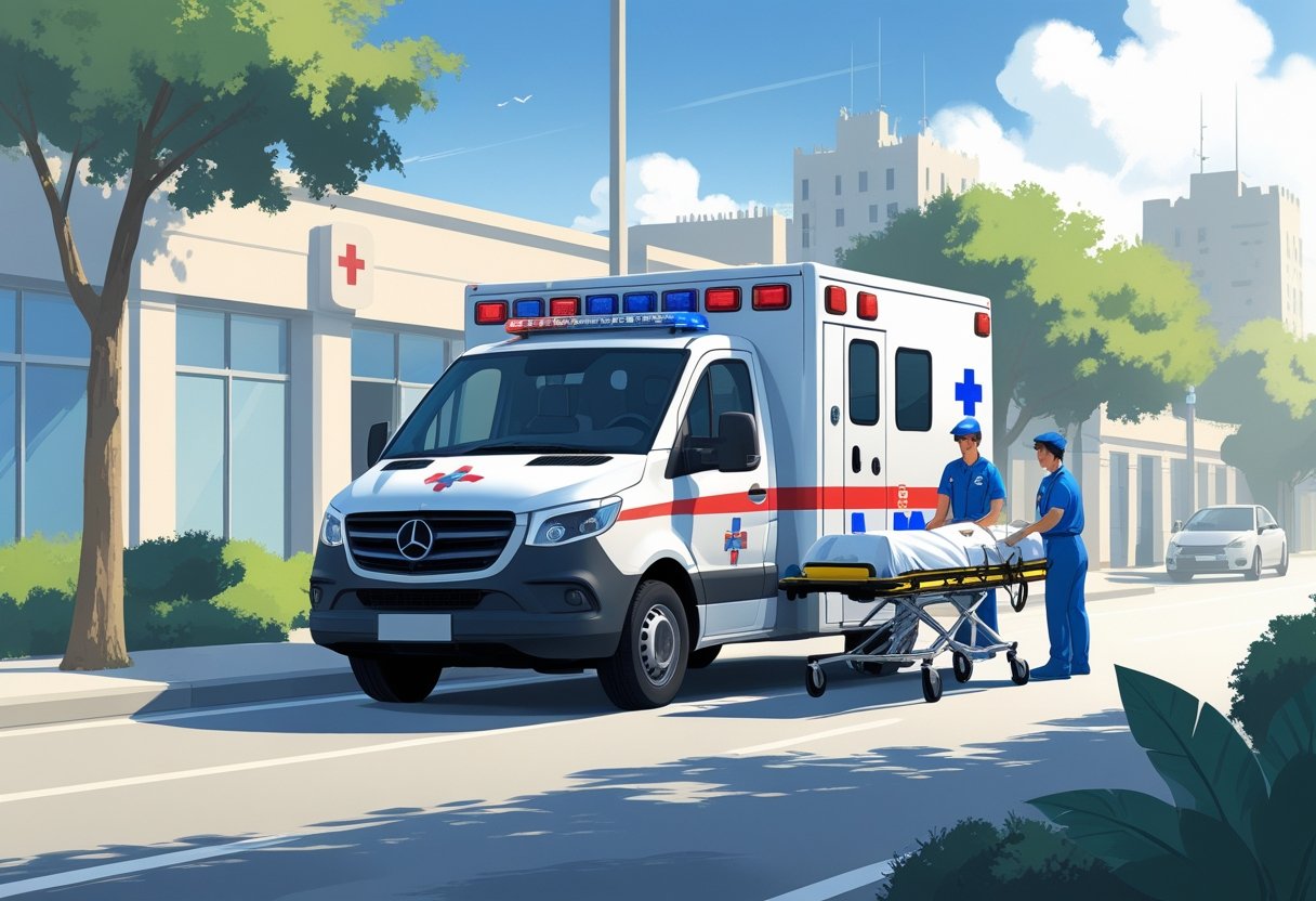 Uma ambulância particular estacionada em uma rua urbana da Zona Leste, com paramédicos atendendo um paciente em uma maca ao lado do veículo.