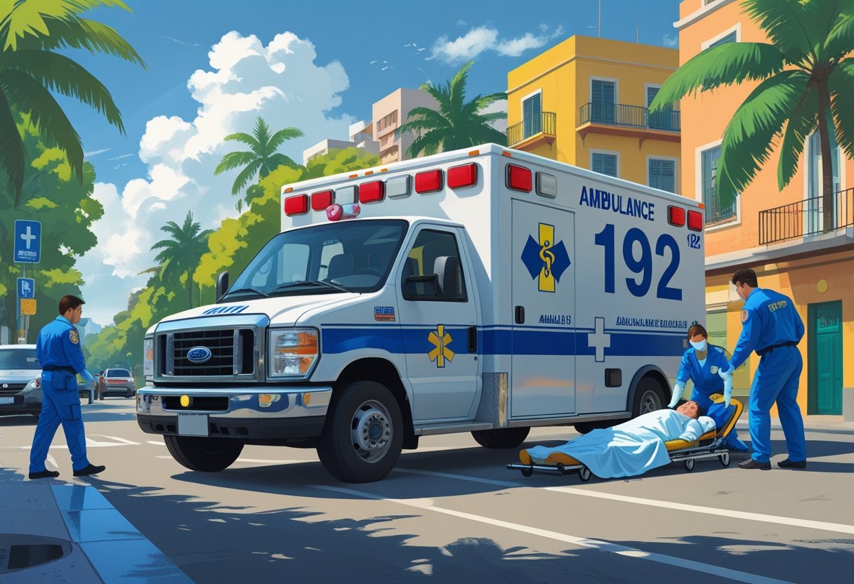 Uma ambulância com o número 192 estacionada em uma rua urbana do Brasil, com paramédicos atendendo um paciente em uma maca ao lado do veículo.