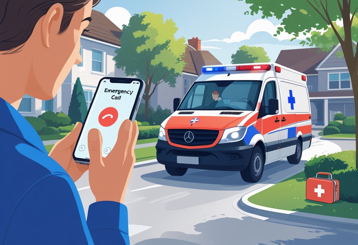 Pessoa segurando um telefone pronta para ligar para a ambulância, com uma ambulância chegando em uma rua residencial ao fundo.