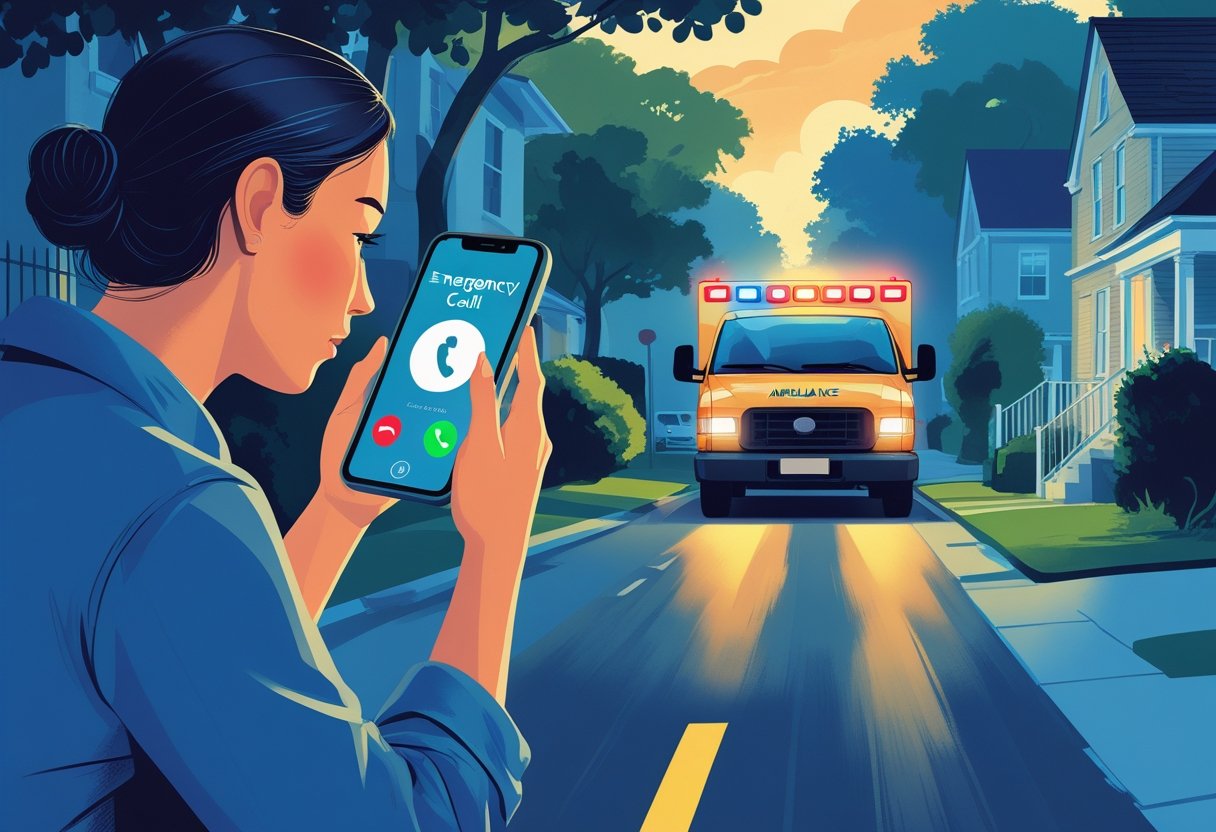 Uma pessoa fazendo uma ligação de emergência para uma ambulância, com uma ambulância se aproximando ao fundo em uma área residencial.