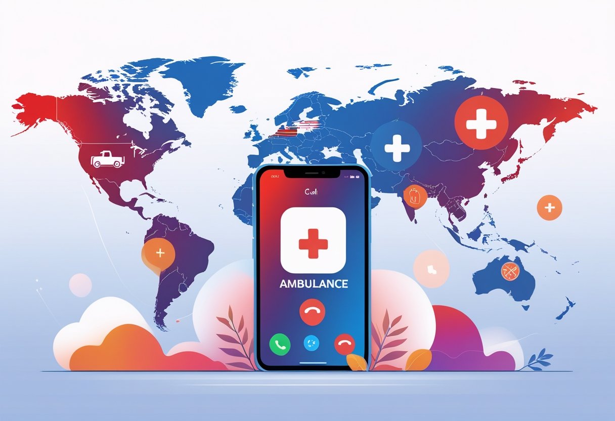 Ilustração mostrando um smartphone com a tela de chamada de emergência para ambulância, com mapas do Brasil e do mundo ao fundo e símbolos de serviços de emergência ao redor.