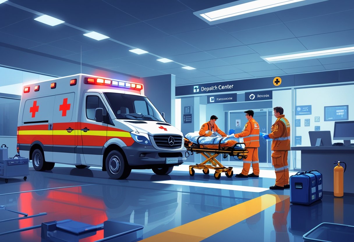 Uma ambulância moderna com paramédicos atendendo um paciente em uma maca, próximo à entrada de um hospital e um centro de despacho com equipamentos de comunicação.