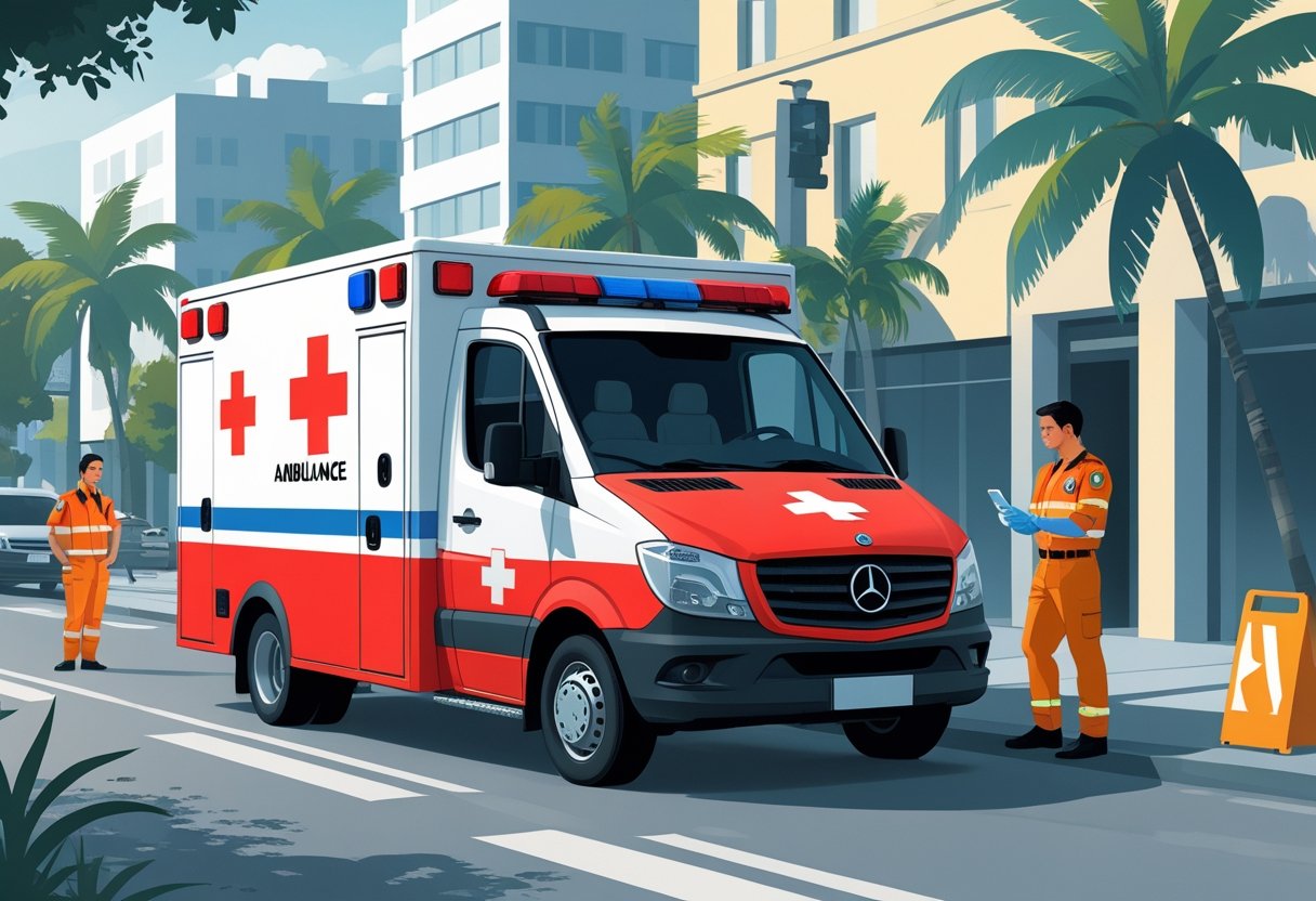 Uma ambulância brasileira estacionada em uma rua da cidade com um paramédico atendendo uma pessoa.