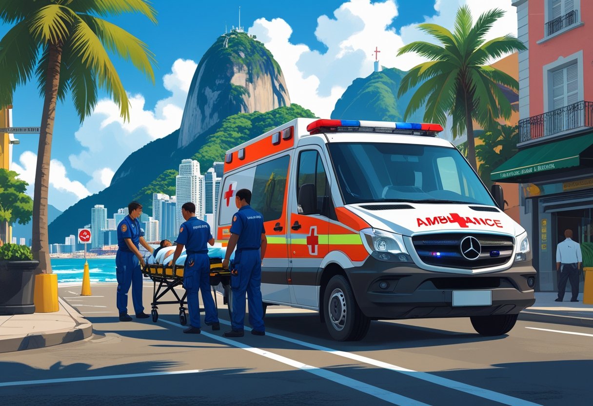Uma ambulância em uma rua da cidade do Rio de Janeiro com paramédicos atendendo um paciente em uma maca, com o Pão de Açúcar e o Cristo Redentor ao fundo.